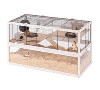 Ferplast Gabbia per Criceti DOMSTER, Gabbia per Topolini, 3 Piani, con Accessori, Piattaforme e Scalette, Metallo Verniciato e Legno FSC, Base Trasparente, Gabbia Legno Criceto 100 x 50 x h 61 cm,