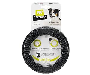 Ferplast Gioco Cane, Anello Dispenser Crocchette Cani, in Materiale Durevole da Masticare, Aroma Carne, per Igiene Dentale, SMILE Anello Fitness, Giochi per Cane Misura Media, Nero