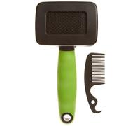 Ferplast Spazzola Cardatore per Gatti - Pelo Medio e Lungo - Setole Inclinate e Testine Arrotondate, Acciaio Inox - Impugnatura Ergonomica Morbida - Pettine Extra Incluso - Misura S, Verde