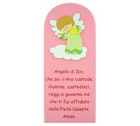 Ferrari & Arrighetti Quadretto per Bimbe, Quadro Preghiera Angelo di Dio in Legno Rosa con Angelo Verde da Appendere al Muro/Parete, Idea Regalo per Bambine e Ragazze del Catechismo, 28 x 12 Cm