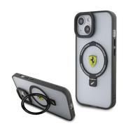 Ferrari - Custodia per telefono compatibile con Magsafe e iPhone 15", contorno nero trasparente con supporto ad anello in metallo, PC/TPU antigraffio, custodia rigida resistente con porte accessibili,