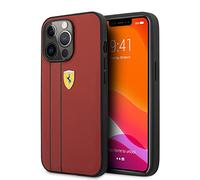 Ferrari - Custodia protettiva in vera pelle per iPhone 13 Pro, con due linee nere, con facile scatto, assorbimento degli urti e logo firma