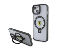 Ferrari - Custodia per telefono compatibile con Magsafe e iPhone 15", contorno nero trasparente con supporto ad anello in metallo, PC/TPU antigraffio, custodia rigida resistente con porte accessibili,