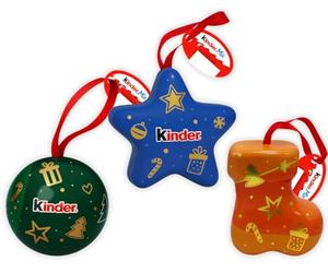 Ferrero TRIS Kinder Mix Palla Verde, Stella Azzurra e Stivale Arancio in Latta Tin Christmas Edition con Mini Kinder Cioccolato e Mini Eggs 34g (2024)