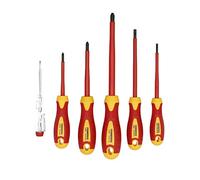 Ferrestock FSKDES106E Set di 6 cacciaviti con manico e gambo isolato (VDE) sotto lo standard IEC 60900, realizzato in lega di acciaio di alta qualità, fino a 1000 V, include un cercapolino da 140 mm