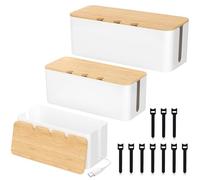 FERRGIA Set da 3 Scatole Organizzatrici per Cavi con Coperchio in Bambù - Scatola Nascondi Cavi per Ciabatte Elettriche,TV e Scrivania (Grande,Media,Piccola) - Include 10 Fascette - Bianco
