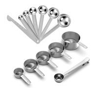FERRGIA Set di 13 Misurini e Cucchiai Dosatori in Acciaio Inox - 5 Tazze (250ml-30ml),6 Cucchiai (15ml-0.5ml),1 Righello e 1 Cucchiaio Caffè con Clip - Per Cucina,Dolci e Proteine,Lavabili, Precisi