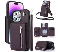 Fertilvrsus Phone Case, Wallet Case for iPhone 11/12/13/14/15/16 E Series, PU Leather Flip Cover with Hand Strap, Wrist Strap & Crossbody Lanyard (Deep Purple,13promax)