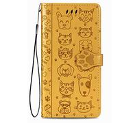 Fertuo Cover per TCL 60 SE/TCL 605, Custodia Portafoglio a Libro in Pelle Flip Case con Porta Carte, Chiusura Magnetica e Stand [Disegni di Gatto Cane] Interno Silicone Antiurto, Giallo