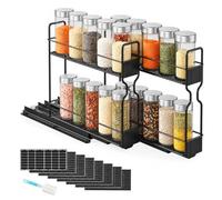 Fesatccoz Portaspezie allungabile per l'armadio, 2 ripiani, organizer per spezie, in metallo, con etichette, salvaspazio, colore nero, 26,7 x 13,2 x 25,6 cm