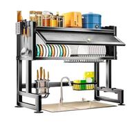 Fesatccoz Scolapiatti sopra il lavello con coperchio, 85 cm, grande, colore nero, scolapiatti con portacoltelli, tagliere e 6 ganci, in metallo