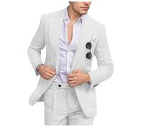 Fesenbo Completo da uomo in lino slim fit 2 pezzi estate spiaggia abiti da sposa con bavero a punta casual blazer pantaloni set per smoking da ballo, bianco, L