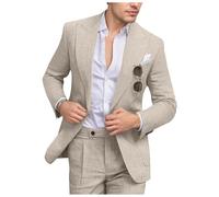Fesenbo Completo da Uomo in Lino Slim Fit 2 Pezzi Estate Spiaggia Abiti da Sposa con Bavero a Punta Casual Blazer Pantaloni Set per Smoking da Ballo, Beige, L