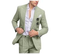 Fesenbo Completo da Uomo in Lino Slim Fit 2 Pezzi Estate Spiaggia Abiti da Sposa con Bavero a Punta Casual Blazer Pantaloni Set per Smoking da Ballo, Verde Chiaro, L
