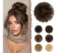 FESHFEN Chignon Capelli Veri - 100% Umani Ondulato Chignon Facile per Capelli Elastici Naturale Posticci Coda Capelli Extension per Donna, Marrone Castagno Medio