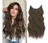 FESHFEN Extension Capelli Filo Invisibile, Extensions Filo Invisibile Mossi Sintetici Posticci per Capelli Lunga Ondulati Ricci Extension Capelli per Donna 40 cm, Marrone Castagno