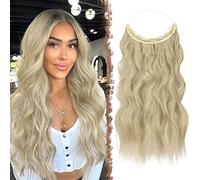 FESHFEN Extension Capelli Filo Invisibile, Extensions Filo Invisibile Mossi Sintetici Posticci per Capelli Lunga Ondulati Ricci Extension Capelli per Donna 50 cm, Biondo Cenere