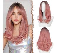 FESHFEN Lace Front Parrucca - Parrucca Donna con Frangia Natuaral Ondulata Ombre Rosa Wigs Sintetici Lunga Parrucche per Quotidiano Carnevale Festa, 45 cm