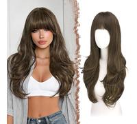 FESHFEN Lunga Parrucca con Frangia - Marrone Parrucche Donna Capelli Lunghi Ondulato Naturali Sintetico Parrucca di Capelli a Strati per Partito Quotidiano, 65 cm Castano con Riflessi