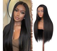 FESHFEN Parrucca 13x4 Lace Front - Parrucche Capelli Nero Naturale Lisci per Donne Dritto Naturali Sintetico Parrucca di Capelli per Partito Quotidiano, 75 cm