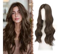FESHFEN Parrucca Lunga Ondulata - Lace Front Parrucca per Donna Lunghe Ondulate Castano Medio Wigs Naturali Sintetici Capelli Parrucche Uso Quotidiano Festa, 60 cm