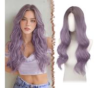FESHFEN Parrucca Lunga Ondulata - Lace Front Parrucca per Donna Lunghe Ondulate Ombre Viola Wigs Naturali Sintetici Capelli Parrucche Uso Quotidiano Festa, 60 cm