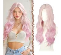 FESHFEN Parrucca Lunga Ondulata - Lace Front Parrucca per Donna Lunghe Ondulate Rosa Viola Wigs Naturali Sintetici Capelli Parrucche Uso Quotidiano Festa, 60 cm