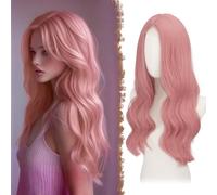 FESHFEN Parrucca Lunga Ondulata - Lace Front Parrucca per Donna Lunghe Ondulate Rosa Wigs Naturali Sintetici Capelli Parrucche Uso Quotidiano Festa, 60 cm