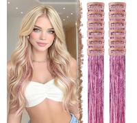 FESHFEN Tinsel Extension Capelli con clip, 12 Pezzi Glitter per Capelli Accessori da Festa e Look Fatina Kit Strass per Donne, Rosa 50 cm