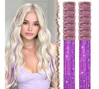 FESHFEN Tinsel Extension Capelli con clip, 12 Pezzi Glitter per Capelli Accessori da Festa e Look Fatina Kit Strass per Donne, Lilla 50 cm