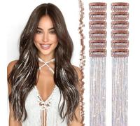 FESHFEN Tinsel Extension Capelli con clip, 12 Pezzi Glitter per Capelli Accessori da Festa e Look Fatina Kit Strass per Donne, Argento 50 cm