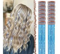 FESHFEN Tinsel Extension Capelli con clip, 12 Pezzi Glitter per Capelli Accessori da Festa e Look Fatina Kit Strass per Donne, Azzurro cielo 50 cm