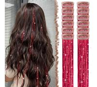 FESHFEN Tinsel Extension Capelli con clip, 12 Pezzi Glitter per Capelli Accessori da Festa e Look Fatina Kit Strass per Donne, Rosso 50 cm