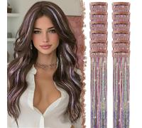 FESHFEN Tinsel Extension Capelli con clip, 12 Pezzi Glitter per Capelli Accessori da Festa e Look Fatina Kit Strass per Donne, Multicolore 50 cm