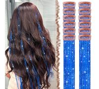 FESHFEN Tinsel Extension Capelli con clip, 12 Pezzi Glitter per Capelli Accessori da Festa e Look Fatina Kit Strass per Donne, Blu 50 cm