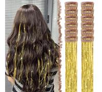 FESHFEN Tinsel Extension Capelli con clip, 12 Pezzi Glitter per Capelli Accessori da Festa e Look Fatina Kit Strass per Donne, Oro 50 cm