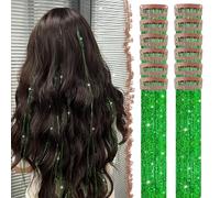 FESHFEN Tinsel Extension Capelli con clip, 12 Pezzi Glitter per Capelli Accessori da Festa e Look Fatina Kit Strass per Donne, Verde 50 cm