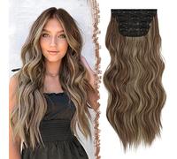 FESHFENExtension clip in, 4 per capelli da 50 cm, con clip, sintetiche, ondulate, rosso-marrone, biondo cenere, Wavy, per donne, 180 g