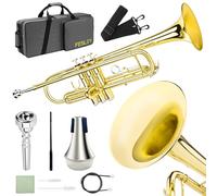 Fesley Set di tromba standard in Sib: trombe in ottone per studenti principianti, strumento tromba in ottone con bocchino 7C, custodia rigida, kit di pulizia (oro)