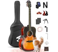 Fesley X Dreadnought - Kit per chitarra acustica da 104 cm, per principianti e adulti, in legno di mogano, con custodia, tracolla, corde, plettri, capotasti, sunburst