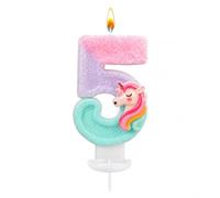 Fesnova Candela numero 5 con unicorno per compleanno dei bambini, 8,5 x 6 cm