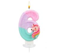 Fesnova Candela numero 6 con unicorno, per compleanno dei bambini, 8,5 x 6 cm