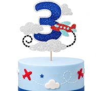 Fesnova Topper per torta 3 anni, motivo: aereo, per compleanno dei bambini | 1 topper per torta in carta con numero 3, aereo e nuvole, effetto glitter, per torte di compleanno e aereo, feste per bambini