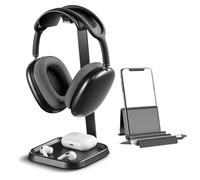 fesoklaf Supporto per cuffie in alluminio con vassoio portaoggetti, supporto per cuffie da tavolo con supporto per telefono per cuffie da gioco per AirPods Max, Beats, Bose, Sony e altri (nero)