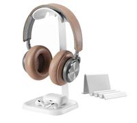 fesoklaf Supporto per cuffie in alluminio con vassoio portaoggetti, supporto per cuffie da tavolo con supporto per telefono per cuffie da gioco per AirPods Max, Beats, Bose, Sony e altri (bianco)