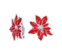 Festa Di Natale Orecchini A Clip A Forma Di Fiore Poinsettia Con Smalto Rosso Per Donne Senza Fori - Bordo Placcato In Argento