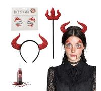 Festicy Cerchietto Halloween Corna Diavolo Con Tridente I Set Con 25 Ml Sangue Finto E Face Sticker I Accessori Halloween Corna Diavolo Per Costume Donna Uomo Bambino