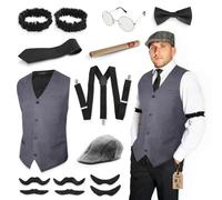 Festicy Costume Gangster Uomo Carnevale 2025 I Vestiti Anni 20 Charleston Con Gilet Grigio, Cappello, Cravatta E Accessori Uomo Anni 20 Gatsby I Costume Carnevale Con Papillon E Bretelle (M)