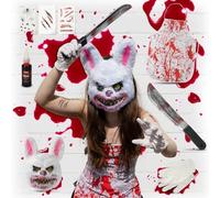 Festicy Set Costume Halloween 2026 Coniglio Horror | Set Maschera Coniglio con Machete, Guanti Bianchi, Tatuaggi, Sangue Finto, Grembiule Insanguinato | Costume Halloween Adulto e Ragazzo 14+