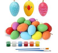 Festicy Uova di Pasqua Decorative in Plastica I Set 24 Pezzi Pre-Colorate con 2 Pennelli e Colori Acrilici I Lavoretti Pasqua Bambini I Caccia alle Uova I Uova di Pasqua da Appendere E Personalizzare